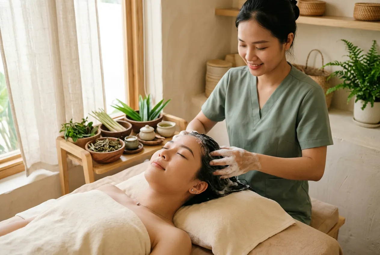 Gội đầu dưỡng sinh thảo dược, khách nằm thư giãn